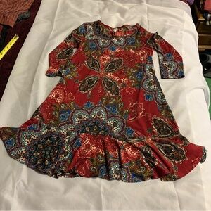 Red Paisley Abstract R Rouge Ruffle Hem Swing Dress Boho Retro Fun